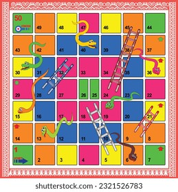 50 steps snakes and ladders board game with batik background is ready to print