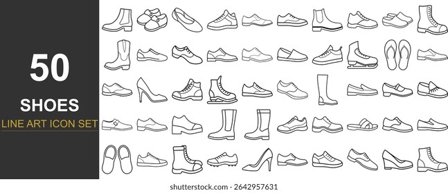 50 Stylish Footwear Line Art Vector Icons Featuring a Variety of Shoe Types from Casual Sneakers to High Heels, Formal Dress Shoes, and Functional Work Boots for Digital and Print Design