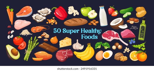 50 super healthy foods icons includes fruits,vegetables,nuts,seeds,protein products etc.