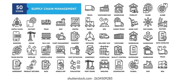 50 Supply Chain Management icon set. Containing design management, industry, business, logistics, delivery, technology, supply