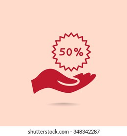 50% tag icon, vector illustration.