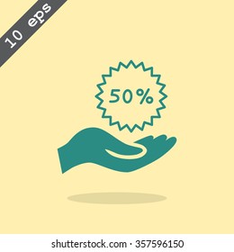 50% tag icon, vector illustration.