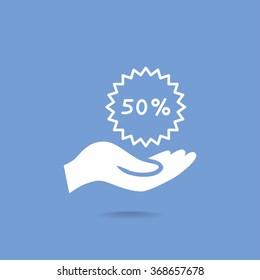 50% tag icon, vector illustration.