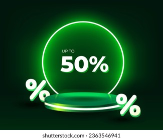 Up to 50% text discount green 3d podium floating in the air with neon rings on background. Stage podium with lighting.