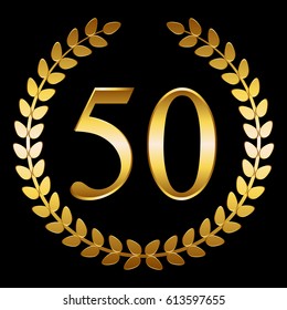 50 th anniversary. Gold laurel wreath on a black background.