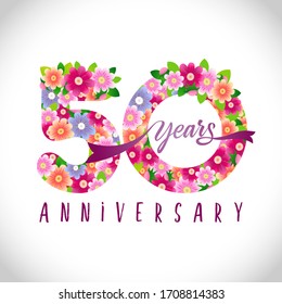 50 th anniversary numbers. 50 years old logotype. Floral pink congrats. Isolated abstract graphic design template. Creative holiday digits with vector mask. Up to 50%, -50% percent off discount.