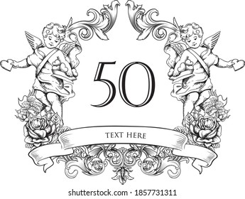 50 th Anniversary Symbol with Cupid, Baroque Ornament for Invitation