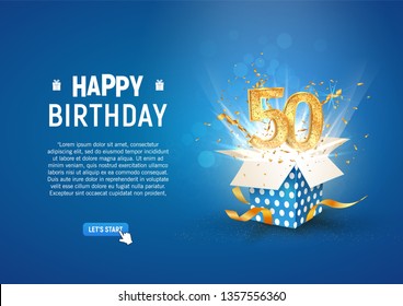 50 Th Years Anniversary Banner With Open Burst Gift Box. Template Fiftieth Birthday Celebration And Abstract Text On Blue Background Vector Illustration