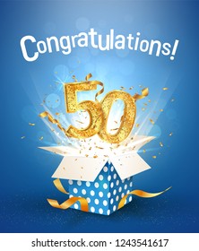 50 th years anniversary and open gift box with explosions confetti. Template fifty birthday celebration on blue background vector Illustration