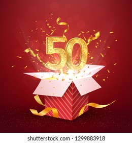 50 th years number anniversary and open gift box with explosions confetti isolated design element. Template fifty fiftieth birthday celebration on red background vector Illustration.