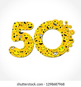 50 th years old congrats. Isolated yellow letter O logotype. Abstract web graphic symbol of 50 %. Vector label design template. Round shape digits, up to -50 % percent off sign. Discount emblem.