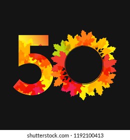 50 th years old logotype Bright red leaves, coloured offer, congratulating celebrating decorating template. Isolated round shape trendy abstract digits, up to -50 % percent off creative graphic label.