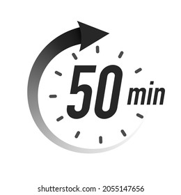50 timer minutes symbol black style with arrow isolated on white background. Clock, stopwatch, cooking time label, sport icon. Vector 10 eps