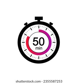 50 timer minutes symbol, 50 min timer clock icon flat design isolated on white background.
