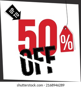 50% up to, off, black white and red banner.