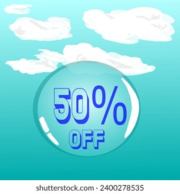 50% burbuja de jabón transparente en cielo azul para descuento y promoción, colores azul y blanco