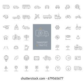 50 transportation, traffic and vehicles thin line icons