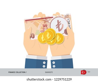 50 Turkish Lira Banknote and coins in the palm of hands. Flat style vector illustration. Finance concept. 