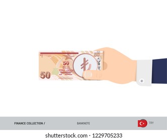 50 Turkish Lira Banknote. Hand gives money. Flat style vector illustration. Salary payout or corruption concept.