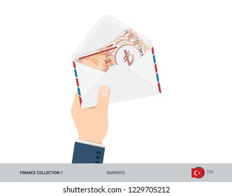50 Turkish Lira Banknotes in envelope hold in hand. Flat style opened white envelope with cash. Salary payout or corruption concept.