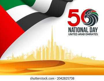 50 UAE National day flat paper style banner with UAE flag. Holiday card for 2 december 1971 - 2021, 50 National day United Arab Emirates Spirit of the union. Design with Dubai and Abu Dhabi silhouette