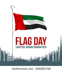 50 UAE National day flat paper style banner with UAE flag. Holiday card for 2 december 1971 - 2021, 50 National day United Arab Emirates Spirit of the union. Design with Dubai and Abu Dhabi silhouette