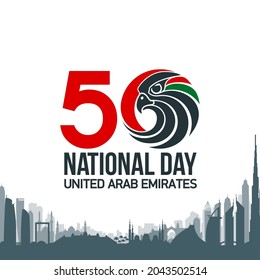 50 UAE National day flat paper style banner with UAE flag. Holiday card for 2 december 1971 - 2021, 50 National day United Arab Emirates Spirit of the union. Design with Dubai and Abu Dhabi silhouette