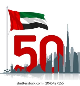 50 UAE National day flat paper style banner with UAE flag. Holiday card for 2 december 1971 - 2021, 50 National day United Arab Emirates Spirit of the union. Design with Dubai and Abu Dhabi silhouette