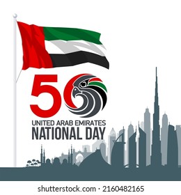 50 UAE National day flat paper style banner with UAE flag. Holiday card for 2 december 1971 - 2021, 50 National day United Arab Emirates Spirit of the union. Design with Dubai and Abu Dhabi silhouette