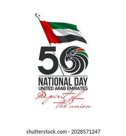 50 UAE national day logo with falcon head icon in the UAE flag colors illustration banner. Sign of United Arab Emirates 2 December Spirit of the union 50 National day Anniversary Celebration Card 2021