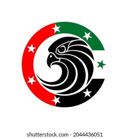 50 UAE national day logo with falcon head icon in the UAE flag colors illustration banner. Sign of United Arab Emirates 2 December Spirit of the union 50 National day Anniversary Celebration Card 2021