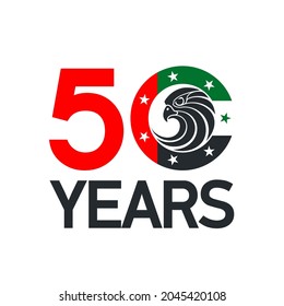 50 UAE national day logo with falcon head icon in the UAE flag colors illustration banner. Sign of United Arab Emirates 2 December Spirit of the union 50 National day Anniversary Celebration Card 2021