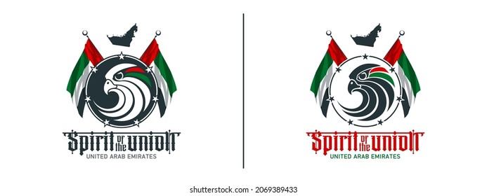 50 UAE national day logo with falcon head icon in the UAE flag colors illustration banner. Sign of United Arab Emirates 2 December Spirit of the union 50 National day Anniversary Celebration Card 2021