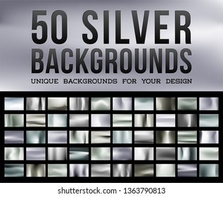 50 unique silver backgrounds. Silvery glossy fabric with shimmery metallic colors. Vector illustration