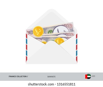 50 United Arab Emirates Dirham Banknote. Flat style opened envelope with cash. United Arab Emirates Dirham banknotes and coins. Salary payout or corruption concept.
