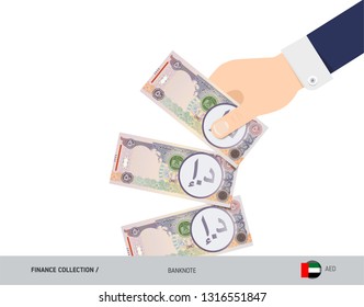 50 United Arab Emirates Dirham Banknotes. Hand throwing banknotes. Flat style vector illustration. Waste of money concept.