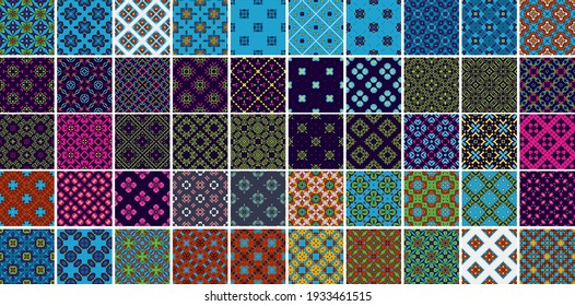 50 Universelle, verschiedene geometrische nahtlose Muster. Endlose Vektortextur kann für die Umhüllung von Bildschirmhintergrund, Musterfüllungen, Web-Hintergrund, Oberflächentexturen verwendet werden. Set von bunten Ornamenten.
