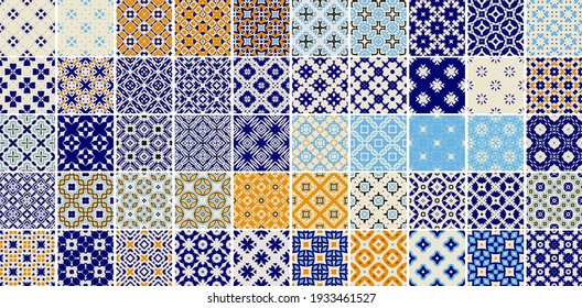 50 Patrones geométricos diferentes y universales. Se puede usar textura vectorial sin fin para envolver papel tapiz, rellenos de patrones, fondo web, texturas superficiales. Conjunto de adornos coloridos.