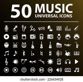 50 Universal Standard Elegant High Quality White Music Icons on Black Background.