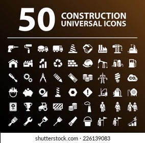 50 Universal Standard White Construction Icons on Black Background.