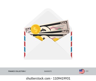 50 US Dollar Banknote. Flat style opened envelope with cash. Dollar banknotes and coins. Salary payout or corruption concept.