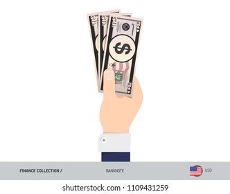 50 US Dollar Banknote. Hand gives money. Flat style vector illustration. Salary payout or corruption concept.