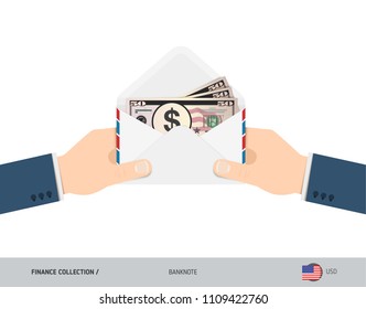 50 US Dollar Banknotes in envelope hold in hand. Flat style opened white envelope with cash. Salary payout or corruption concept.