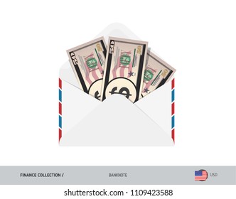 50 US Dollar Banknotes in envelope. Flat style opened white envelope with cash. Salary payout or corruption concept.