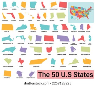 The 50 U.S States map.
Set of 50 states map.