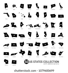 Colección Vector de Estados Unidos 50. Mapas de silueta negra de los 50 estados. Estados Unidos con abreviaturas.