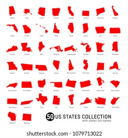 50 US States Vector Collection. High-Detailed Red Silhouette Maps of All 50 States. US States with Full Names.