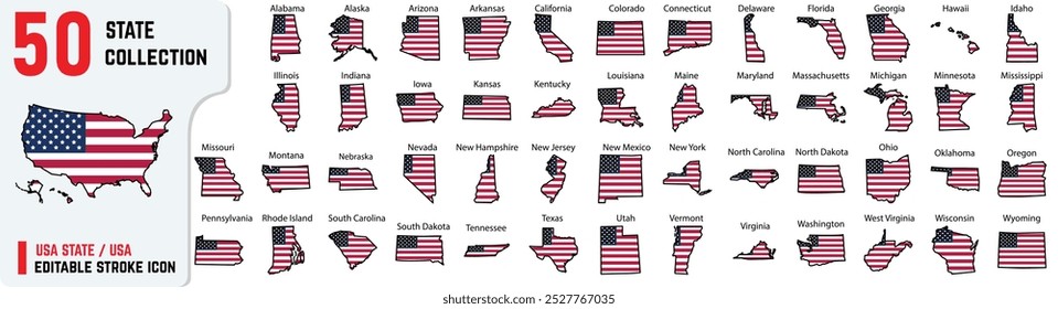 50+ USA Flag State Outline editable stroke icon, also includes New York, Pennsylvania, Rhode Island, South Carolina, South Dakota, Tennessee, Texas, Vector outline of 50 states with their names
