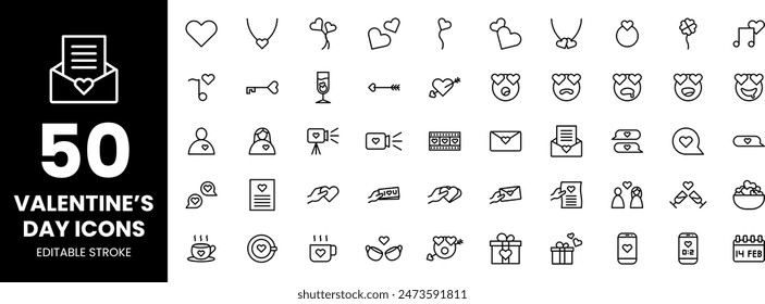 50 Valentine's Day Icons - Editable Stroke Love and Romance Icon Set for Digital and Print Use