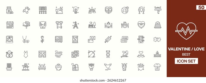 50 Valentine's Day and Love-Themed Icons: Line-Art Illustrations Featuring Hearts, Rings, Roses, Letters, Teddy Bears, and Romantic Elements for Creative and Festive Projects